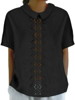 Women's Cotton Linen Shirts Summer Casual Short Sleeve T Shirt Comfy Loose Lapel Pullover Lace Tops