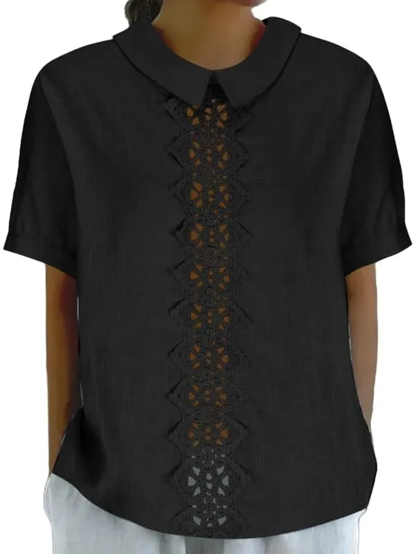Women's Cotton Linen Shirts Summer Casual Short Sleeve T Shirt Comfy Loose Lapel Pullover Lace Tops
