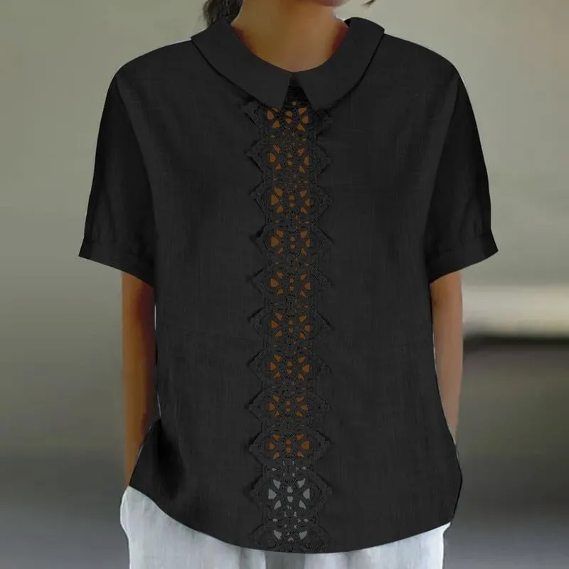 Women's Cotton Linen Shirts Summer Casual Short Sleeve T Shirt Comfy Loose Lapel Pullover Lace Tops