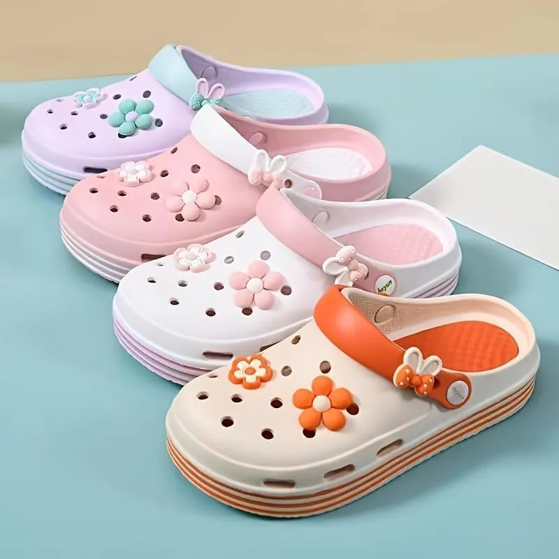 Women's EVA Cartoon DIY Soft Sole Garden Clogs - Cute Decoration Non-Slip Beach Slippers, Breathable, Comfortable & Lightweight for Summer