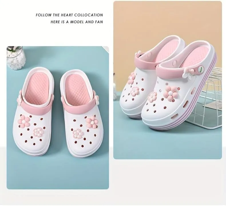 Women's EVA Cartoon DIY Soft Sole Garden Clogs - Cute Decoration Non-Slip Beach Slippers, Breathable, Comfortable & Lightweight for Summer
