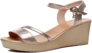 Women's Fashion Leather Wedge Sandals With Ankle Strap 5-8Cm High Heel Open Toe Platform Shoes