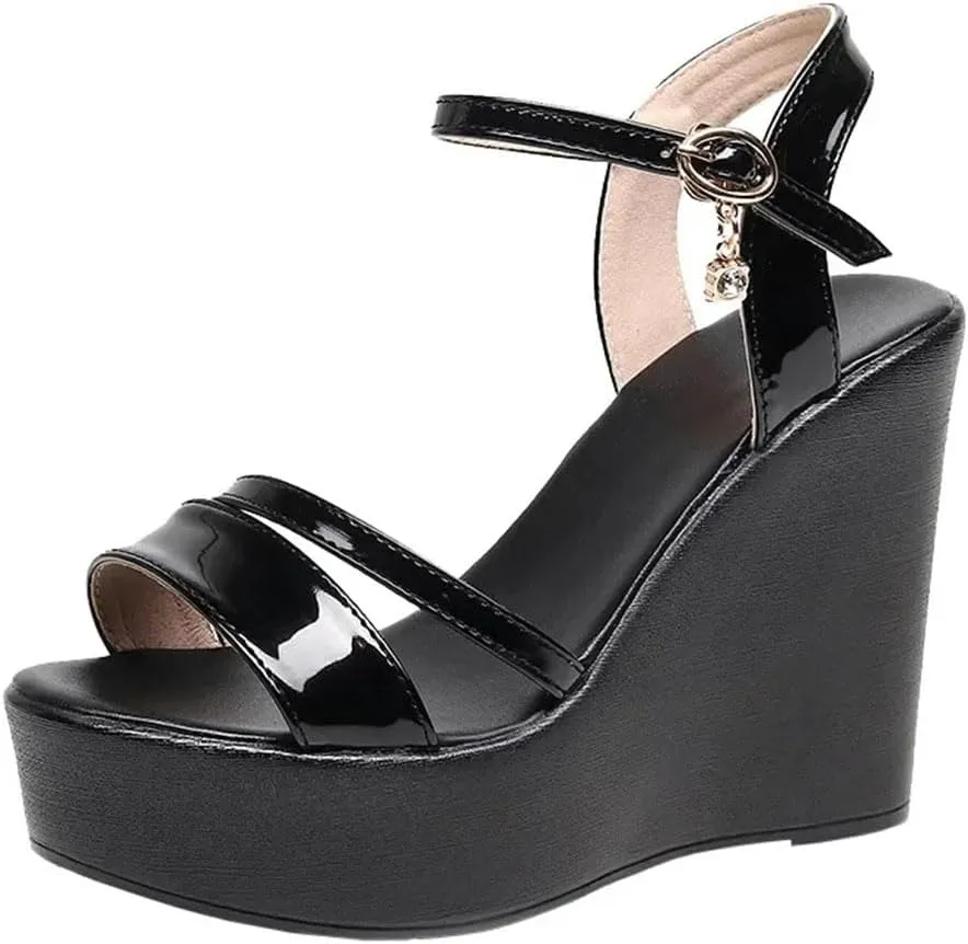 Women's Fashion Leather Wedge Sandals With Ankle Strap 5-8Cm High Heel Open Toe Platform Shoes