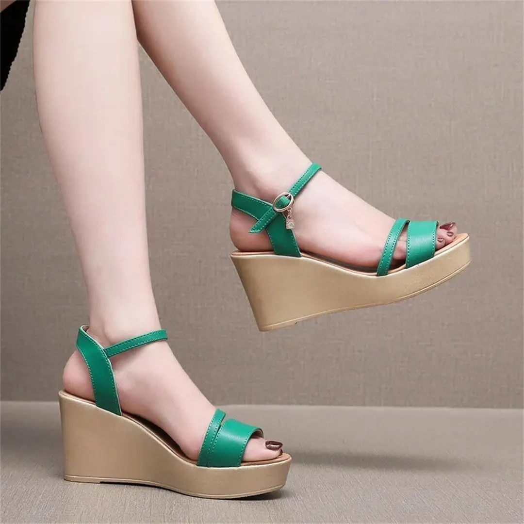 Women's Fashion Leather Wedge Sandals With Ankle Strap 5-8Cm High Heel Open Toe Platform Shoes