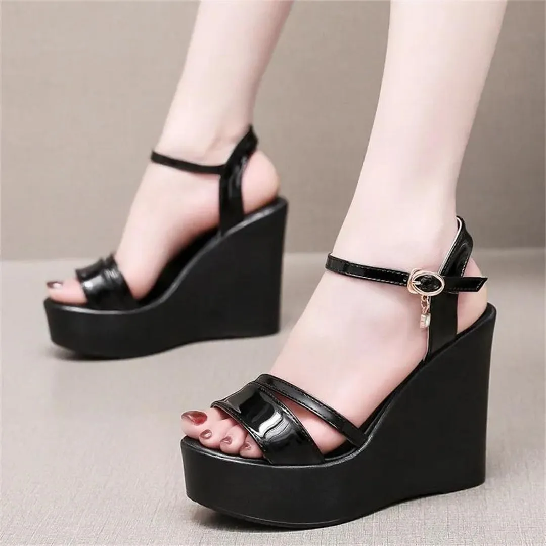Women's Fashion Leather Wedge Sandals With Ankle Strap 5-8Cm High Heel Open Toe Platform Shoes