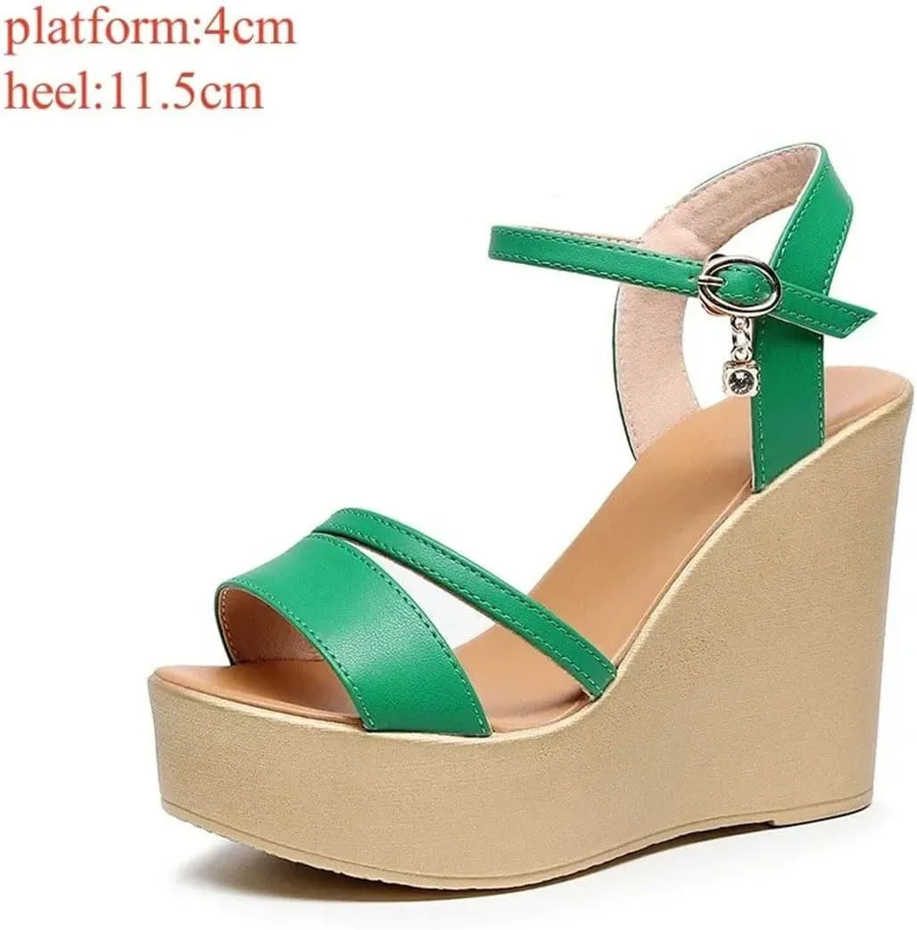 Women's Fashion Leather Wedge Sandals With Ankle Strap 5-8Cm High Heel Open Toe Platform Shoes