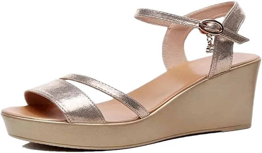 Women's Fashion Leather Wedge Sandals With Ankle Strap 5-8Cm High Heel Open Toe Platform Shoes