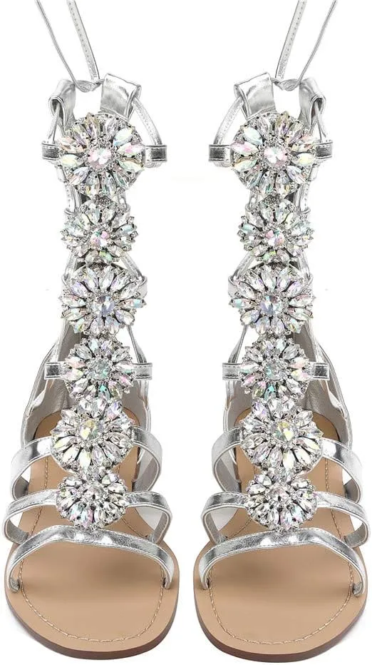 Women's Flat Rhinestone Summer Bandage Bling Sandals Gladiator Wedding Bridal Banquet High End Dress Sexy Silver Gold Beach Sandals