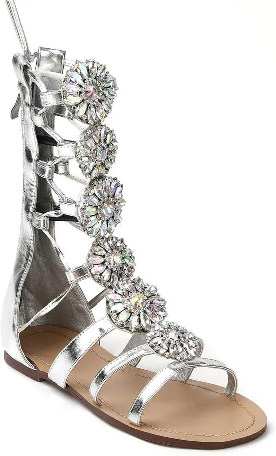Women's Flat Rhinestone Summer Bandage Bling Sandals Gladiator Wedding Bridal Banquet High End Dress Sexy Silver Gold Beach Sandals