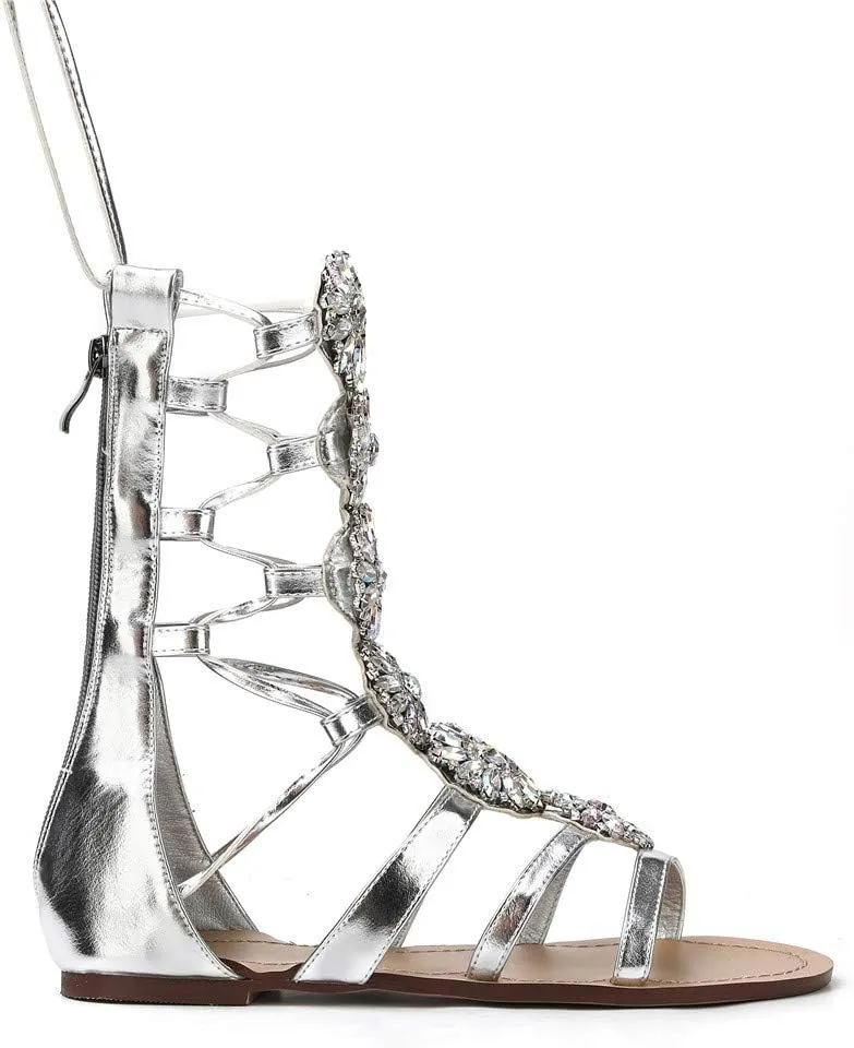 Women's Flat Rhinestone Summer Bandage Bling Sandals Gladiator Wedding Bridal Banquet High End Dress Sexy Silver Gold Beach Sandals