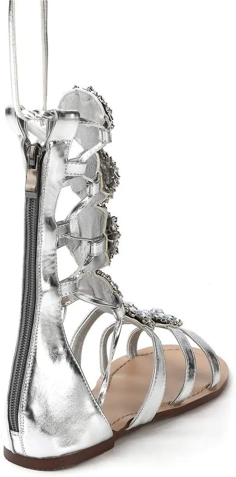 Women's Flat Rhinestone Summer Bandage Bling Sandals Gladiator Wedding Bridal Banquet High End Dress Sexy Silver Gold Beach Sandals