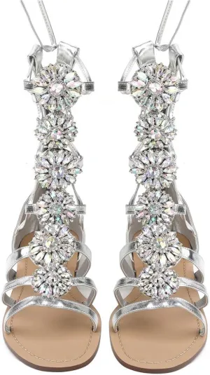 Women's Flat Rhinestone Summer Bandage Bling Sandals Gladiator Wedding Bridal Banquet High End Dress Sexy Silver Gold Beach Sandals