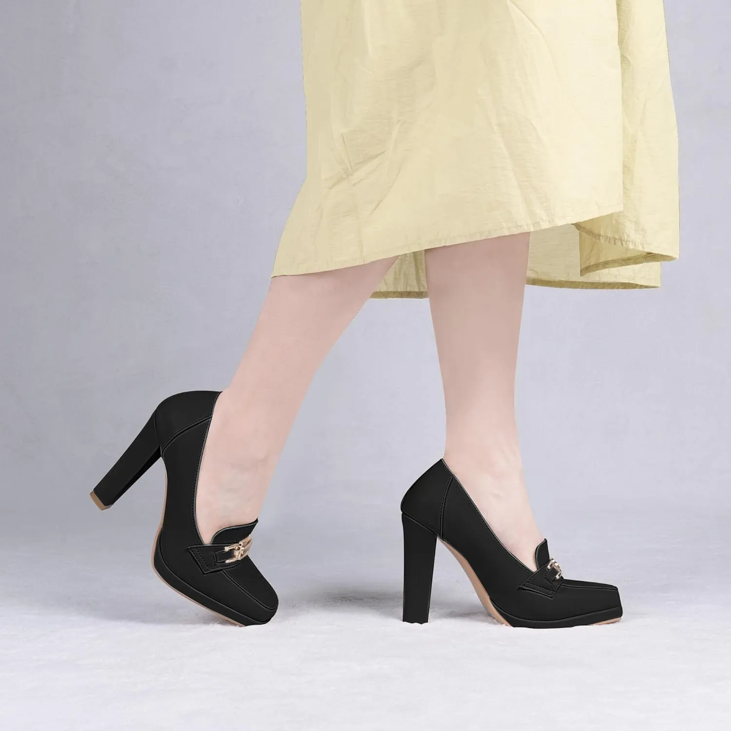 Women's High Heels Dress Shoes Plafrom Closed Toe Slip On Chunky Heels Pumps