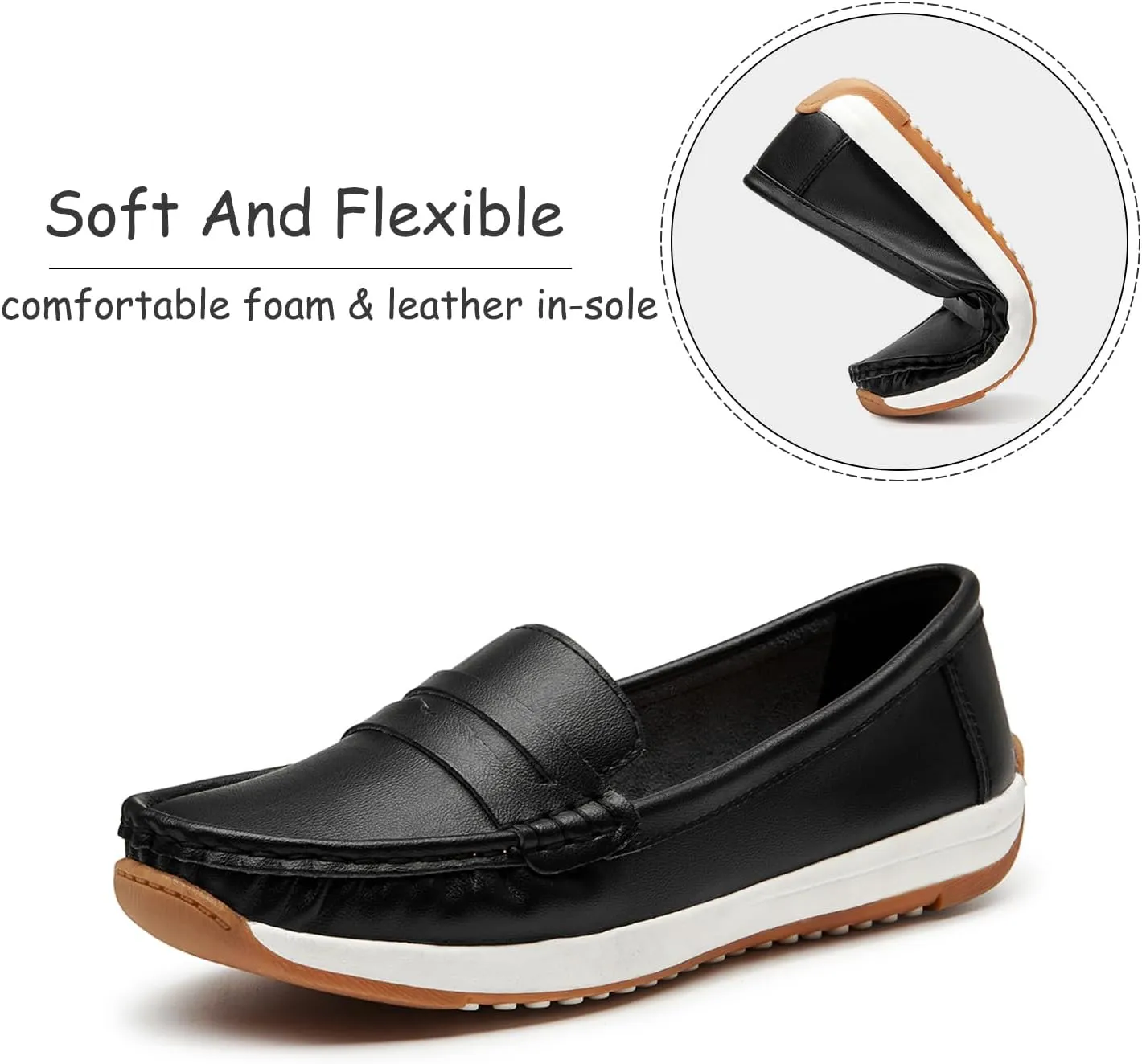 Women's Loafers Moccasin Casual Slip On Flat Shoes Comfortable Leather Driving Loafers Lightweight Nurse Work Shoes