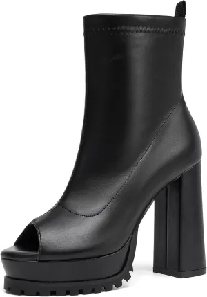 Women's Open Toe Ankle Boots, Chunky Block Heel, Nylon Mesh Upper, Slip-On Sock Booties