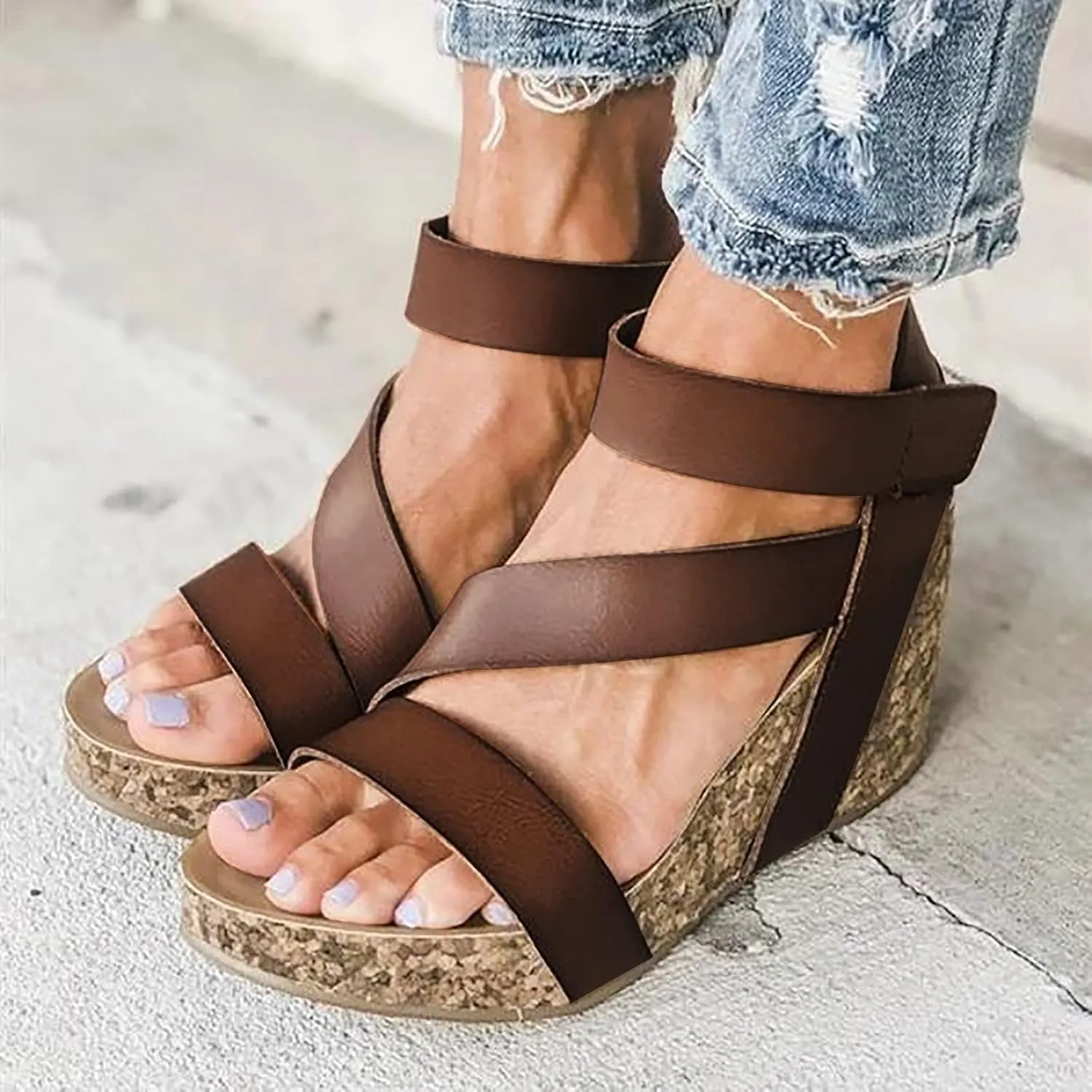 Women's Platform Heel Sandals Fashion Retro Breathable Waterproof Strappy Cork Sandal Hook And Loop Fastener Rubber Sole Solid Shoes Prom Homecoming Wedding Engagement Graduation Shoes