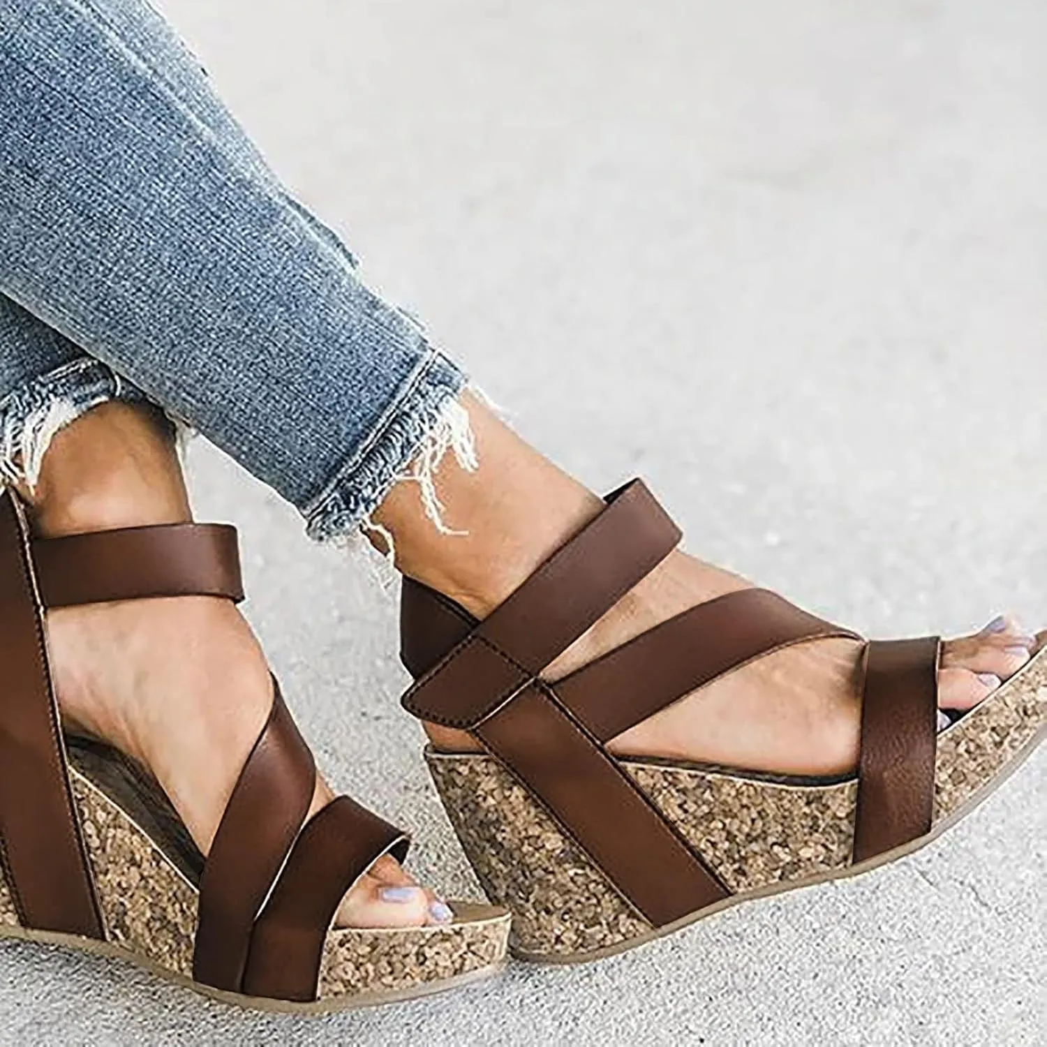 Women's Platform Heel Sandals Fashion Retro Breathable Waterproof Strappy Cork Sandal Hook And Loop Fastener Rubber Sole Solid Shoes Prom Homecoming Wedding Engagement Graduation Shoes