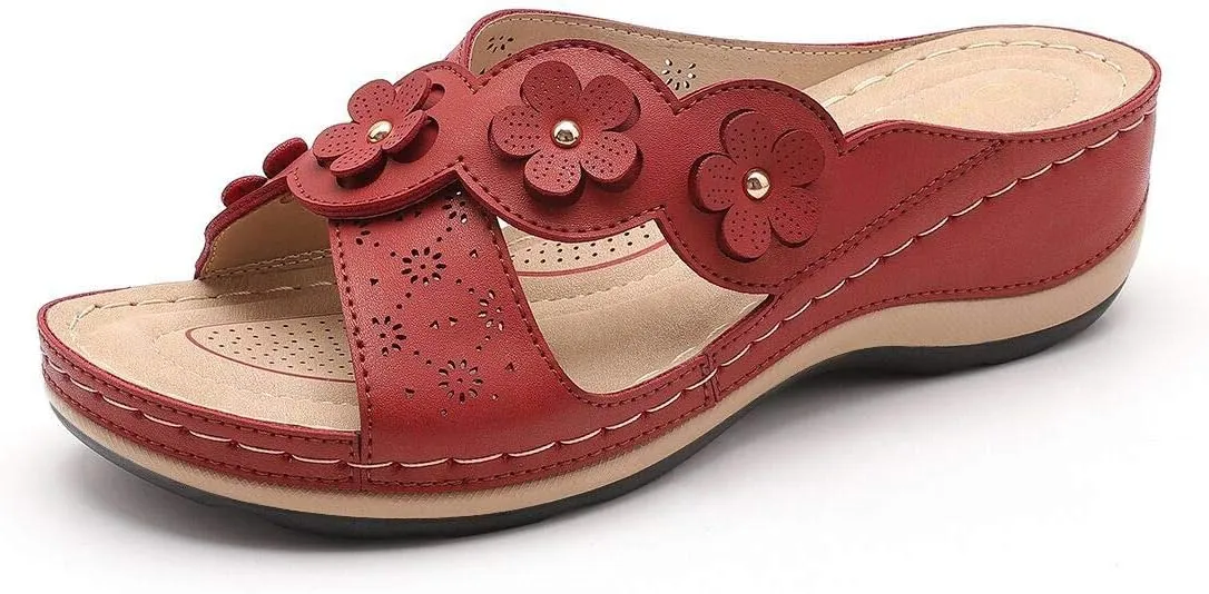Women's Platform Wedge Comfort Cross Strap Flowers Slide Sandals-Shock Absorbtion Breathable holes Arch Support Footbed Indoors Or Outdoors Slip On