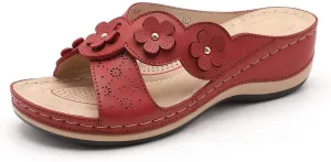 Women's Platform Wedge Comfort Cross Strap Flowers Slide Sandals-Shock Absorbtion Breathable holes Arch Support Footbed Indoors Or Outdoors Slip On