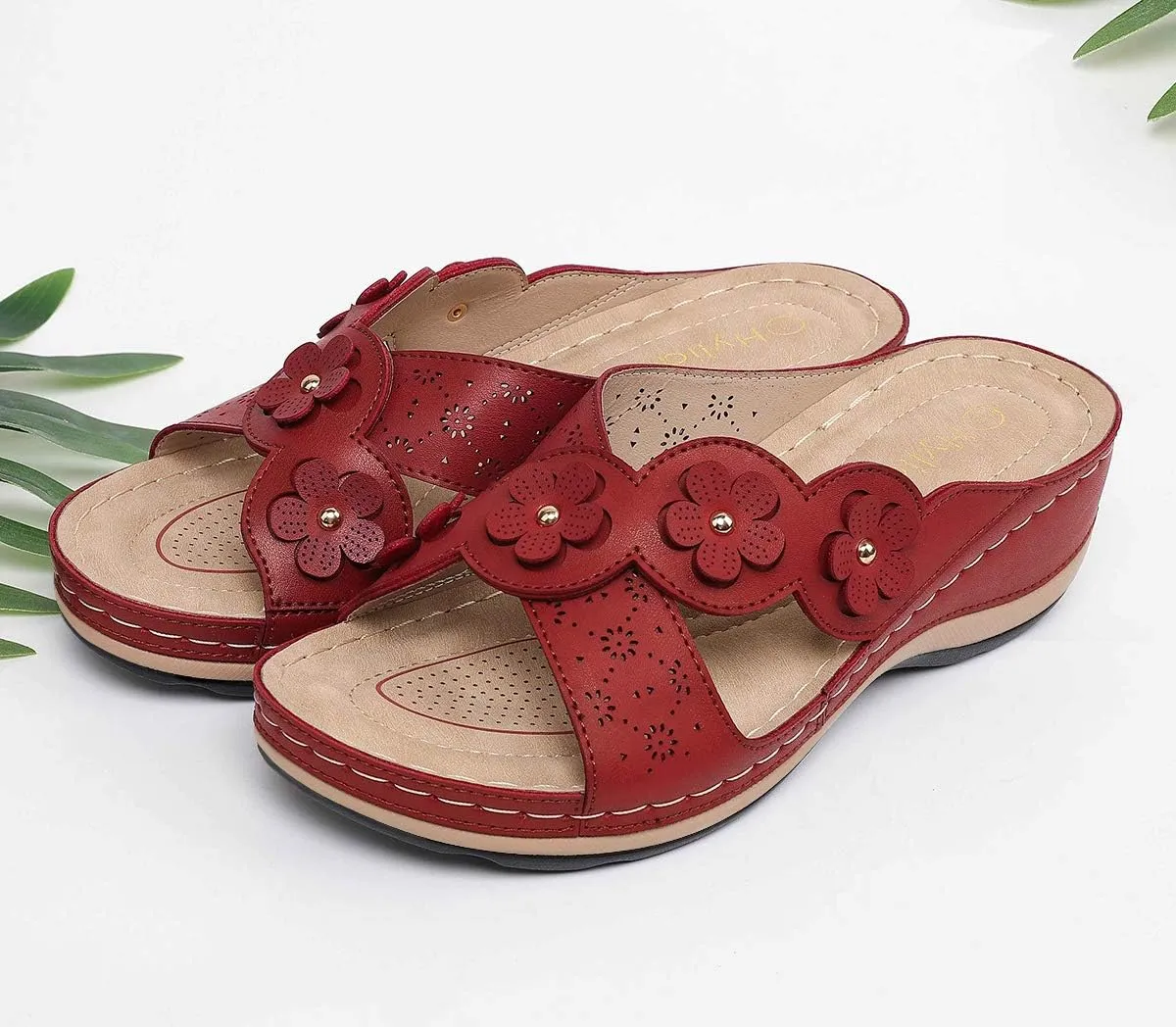 Women's Platform Wedge Comfort Cross Strap Flowers Slide Sandals-Shock Absorbtion Breathable holes Arch Support Footbed Indoors Or Outdoors Slip On