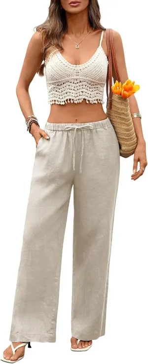 Women's Pure Linen Pants Wide Leg Loose Fit Drawstring 100% Linen Palazzo with Pockets