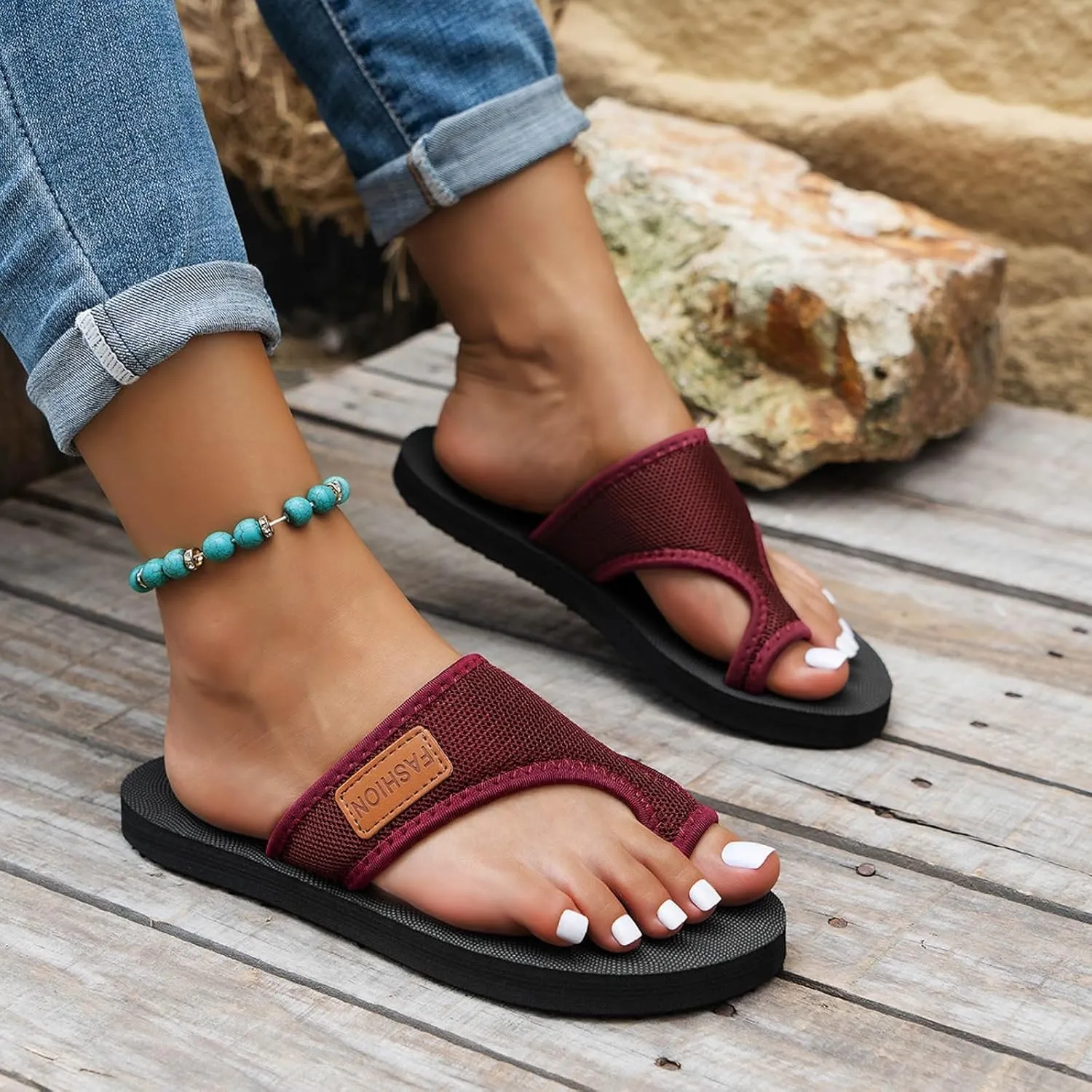 Womens Slide Sandals with Arch Support Breathable Mesh Hollow with Toe Loop Summer Casual Flats Slippers Orthotic Orthopedic Lightweight Comfortable Athletic Plantar Fasciitis Sandal Flip Flops