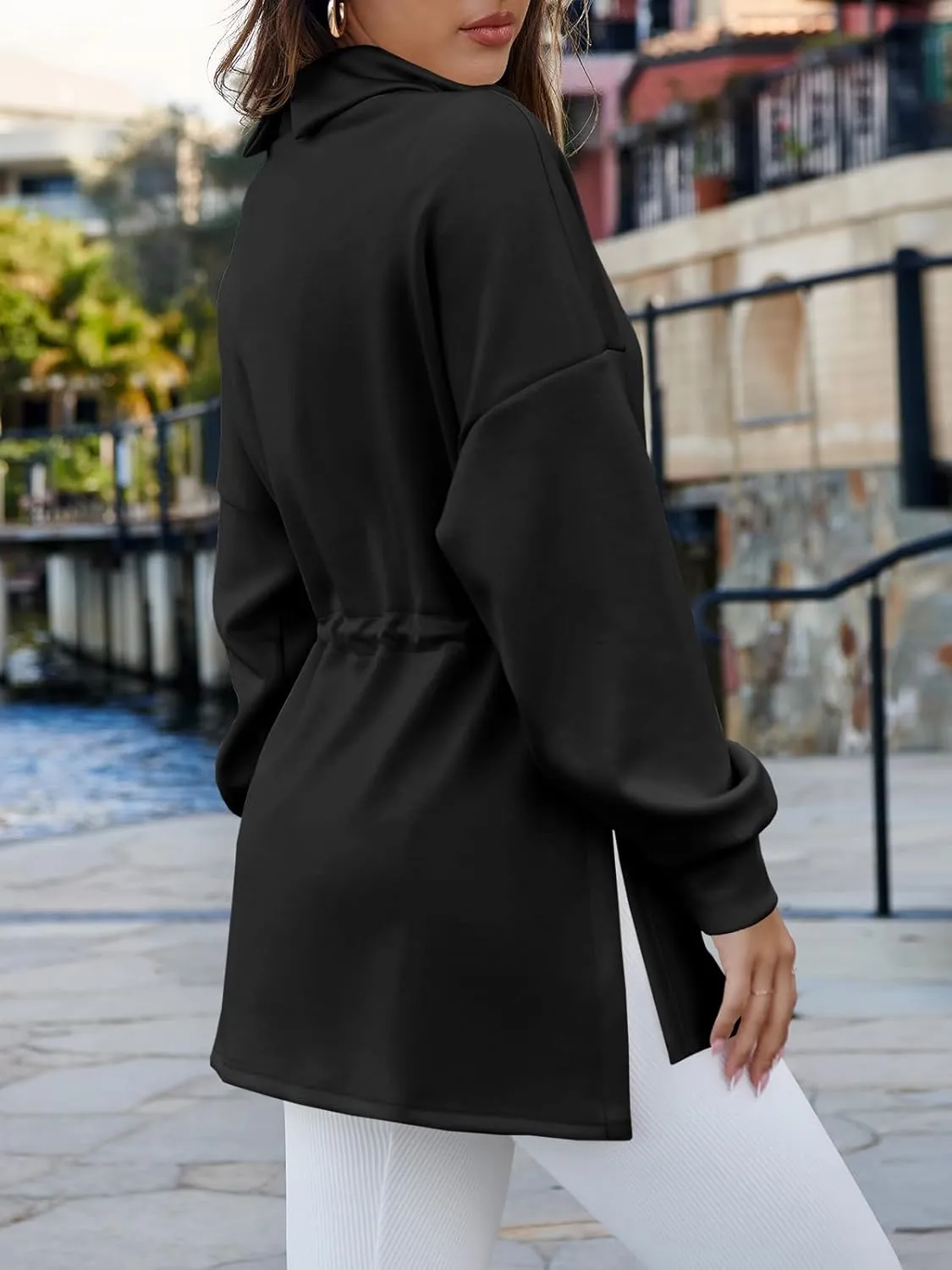 Women's Turtleneck Sweatshirts Long Sleeve Pullover Tops Side Slit Tunic Shirts with Drawstring Waist