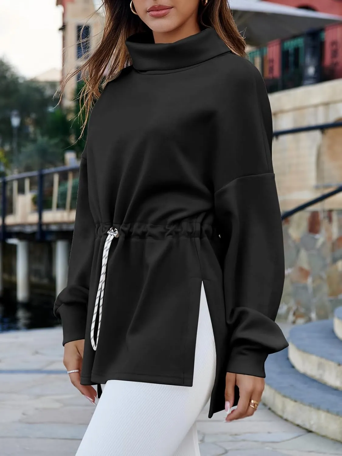 Women's Turtleneck Sweatshirts Long Sleeve Pullover Tops Side Slit Tunic Shirts with Drawstring Waist
