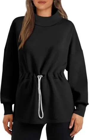 Women's Turtleneck Sweatshirts Long Sleeve Pullover Tops Side Slit Tunic Shirts with Drawstring Waist
