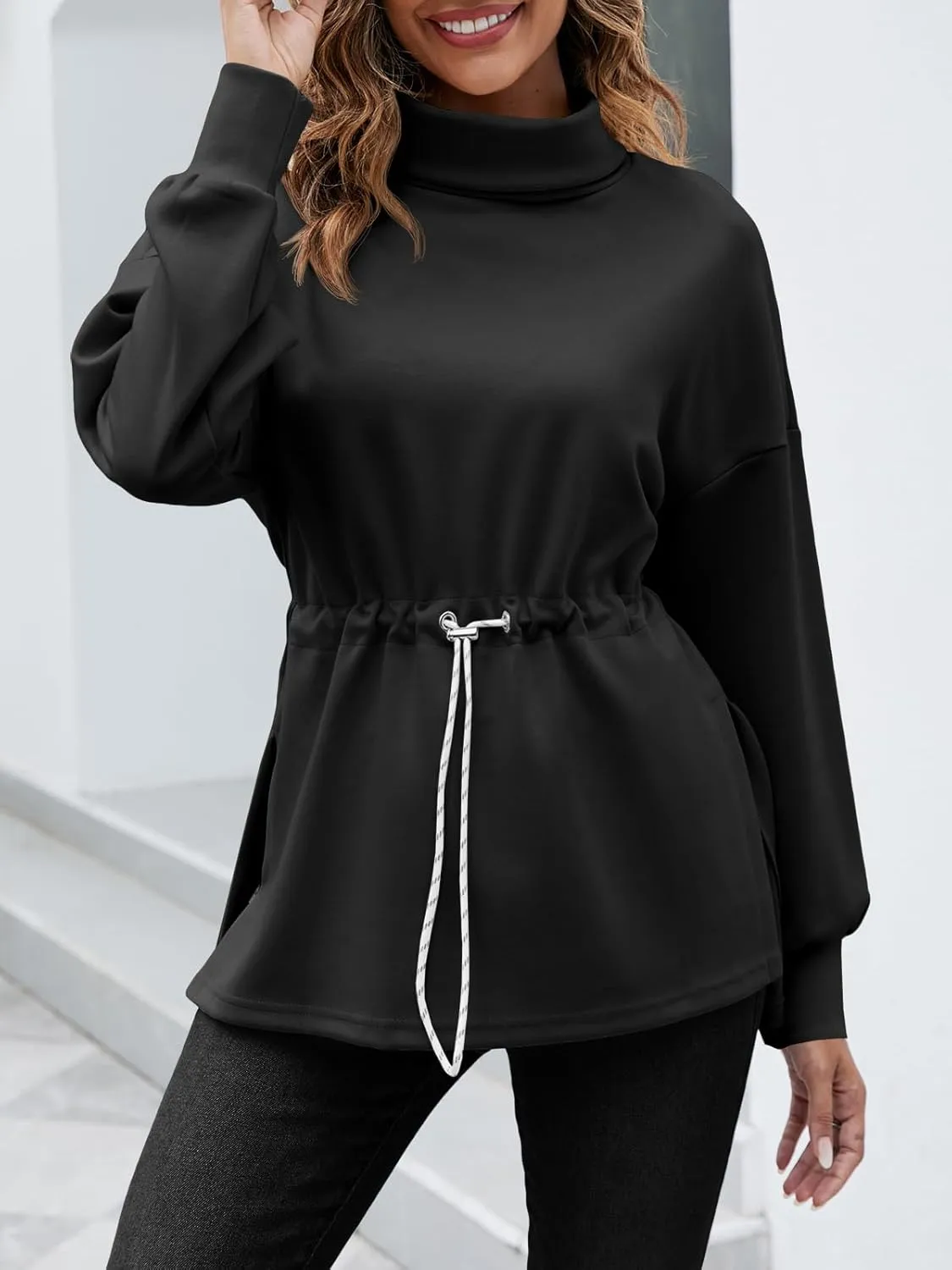 Women's Turtleneck Sweatshirts Long Sleeve Pullover Tops Side Slit Tunic Shirts with Drawstring Waist