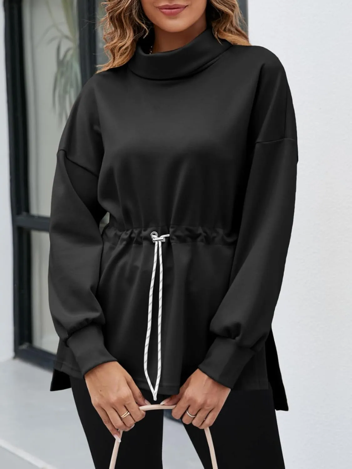 Women's Turtleneck Sweatshirts Long Sleeve Pullover Tops Side Slit Tunic Shirts with Drawstring Waist