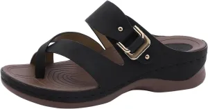 Women's Wedge Sandals Orthotic Comfort Arch Support Vintage Toe Loop Design Sandal Buckle Strap Slip-On Non Slip Waterproof Slippers Athletic Sports Hiking Indoors Outdoors Shoes