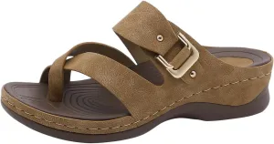 Women's Wedge Sandals Orthotic Comfort Arch Support Vintage Toe Loop Design Sandal Buckle Strap Slip-On Non Slip Waterproof Slippers Athletic Sports Hiking Indoors Outdoors Shoes