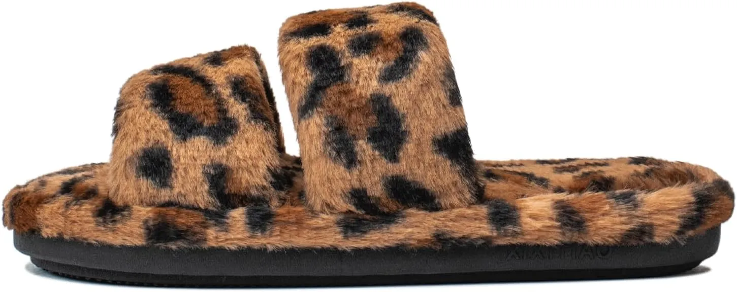 XIXITIAO Leopard Print Slippers for Women - Open Toe House Slippers, Memory Foam Comfort Slides, Non-Slip Indoor Bedroom Shoes