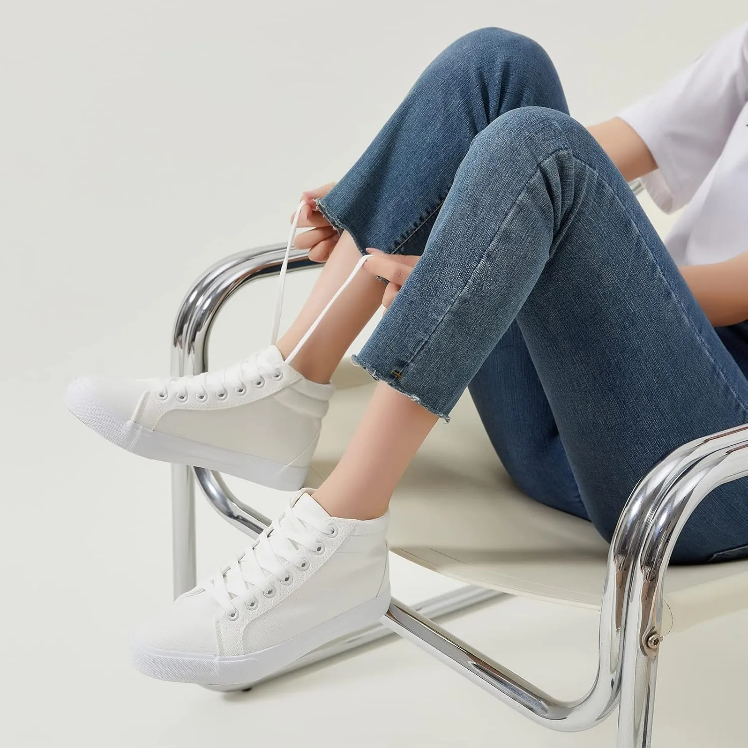 XRH Women Black Canvas High Tops Sneaker for Walking,White Non Slip Hi Top Lace up Shoes,Casual Fashion Mid Top Sneaker(Comfortable,Breathable,Trendy)