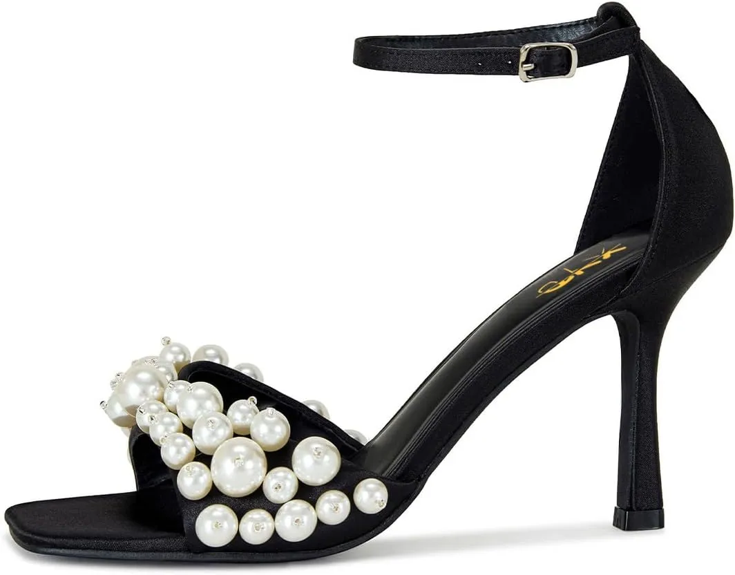 XYD Women High Heel Sandals Square Open Toe Elegant Multi-sized Pearls Ankle Strap Pumps Dress Evening Shoes