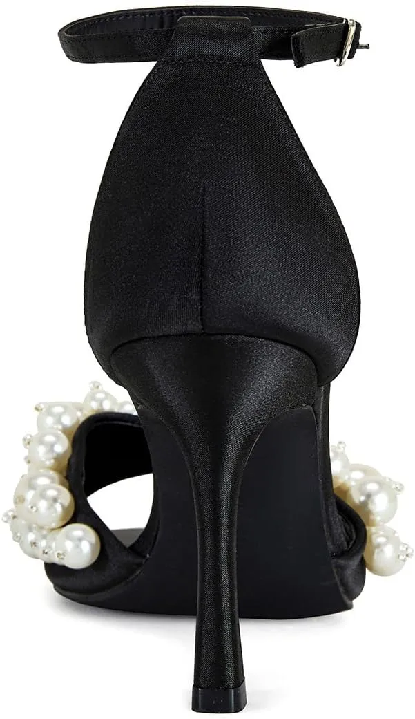 XYD Women High Heel Sandals Square Open Toe Elegant Multi-sized Pearls Ankle Strap Pumps Dress Evening Shoes