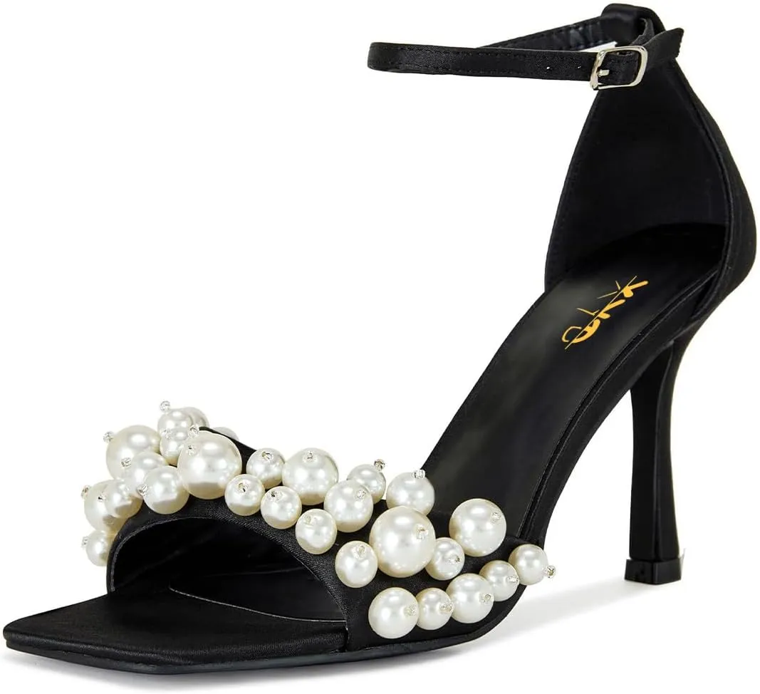 XYD Women High Heel Sandals Square Open Toe Elegant Multi-sized Pearls Ankle Strap Pumps Dress Evening Shoes