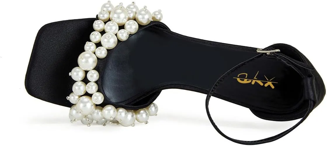 XYD Women High Heel Sandals Square Open Toe Elegant Multi-sized Pearls Ankle Strap Pumps Dress Evening Shoes