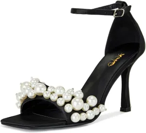 XYD Women High Heel Sandals Square Open Toe Elegant Multi-sized Pearls Ankle Strap Pumps Dress Evening Shoes
