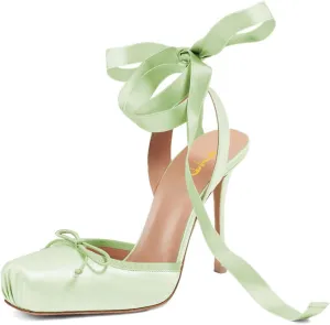 XYD Women Ribbon Lace-up Pumps Square Toe Ankle Strappy Bowknot High Heels Stiletto Evening Prom Sandal Shoes