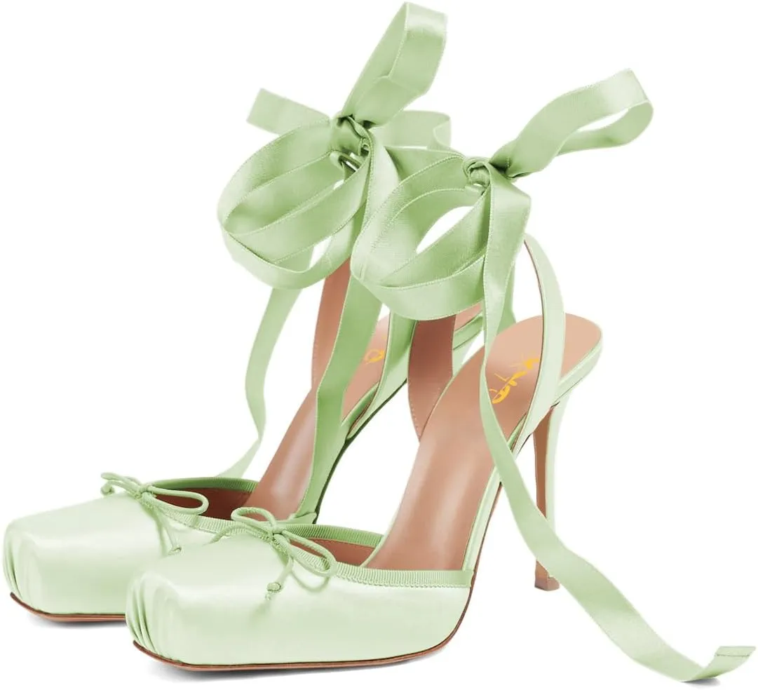 XYD Women Ribbon Lace-up Pumps Square Toe Ankle Strappy Bowknot High Heels Stiletto Evening Prom Sandal Shoes