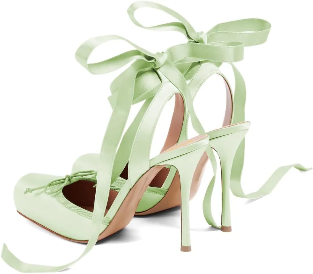 XYD Women Ribbon Lace-up Pumps Square Toe Ankle Strappy Bowknot High Heels Stiletto Evening Prom Sandal Shoes
