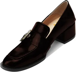 YDN Women Square Toe Heeled Loafers Slip on Block Low Heel Pumps Buckle Fashion Formal Wear Shoes Size 4-15 US