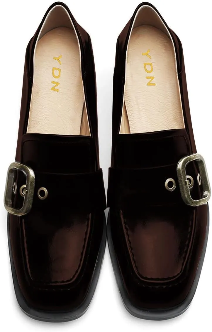 YDN Women Square Toe Heeled Loafers Slip on Block Low Heel Pumps Buckle Fashion Formal Wear Shoes Size 4-15 US