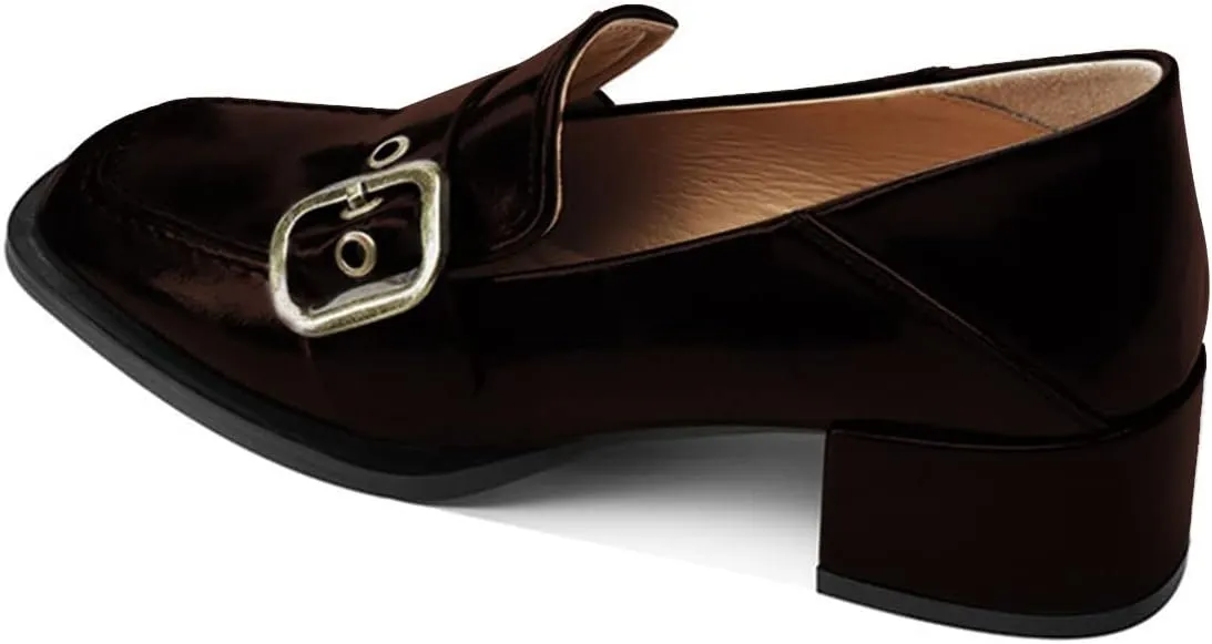 YDN Women Square Toe Heeled Loafers Slip on Block Low Heel Pumps Buckle Fashion Formal Wear Shoes Size 4-15 US