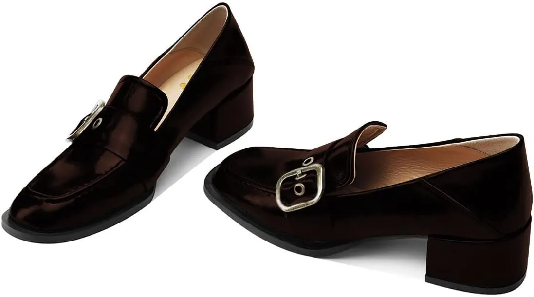 YDN Women Square Toe Heeled Loafers Slip on Block Low Heel Pumps Buckle Fashion Formal Wear Shoes Size 4-15 US