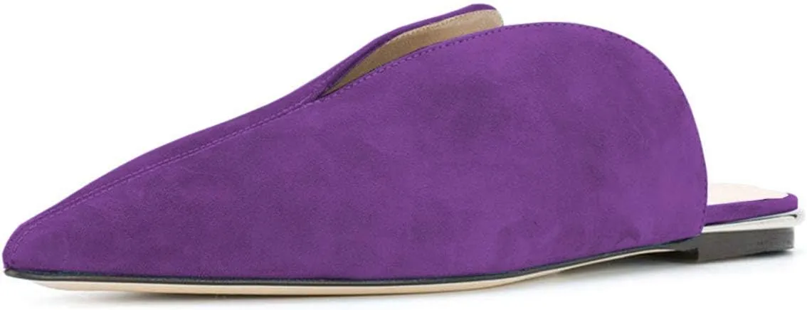 YDN Women V-Cut Pointy Toe Low Heel Mules Slip on Loafers Flats Sandals Suede Sliper Shoes