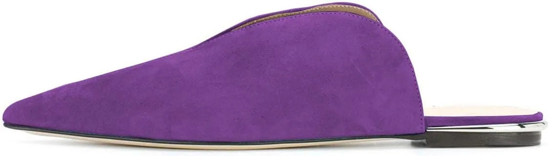 YDN Women V-Cut Pointy Toe Low Heel Mules Slip on Loafers Flats Sandals Suede Sliper Shoes