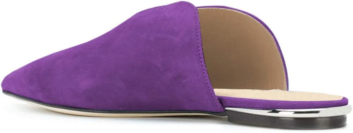 YDN Women V-Cut Pointy Toe Low Heel Mules Slip on Loafers Flats Sandals Suede Sliper Shoes